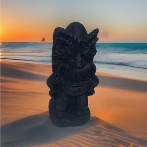 Vintage Tiki Statue Totem Hawaiian Decor Carved Sculpture Black Wood Look